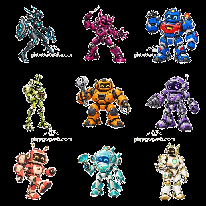 Colorful mech robot collection in a 3x3 grid layout - AI-generated stock image
