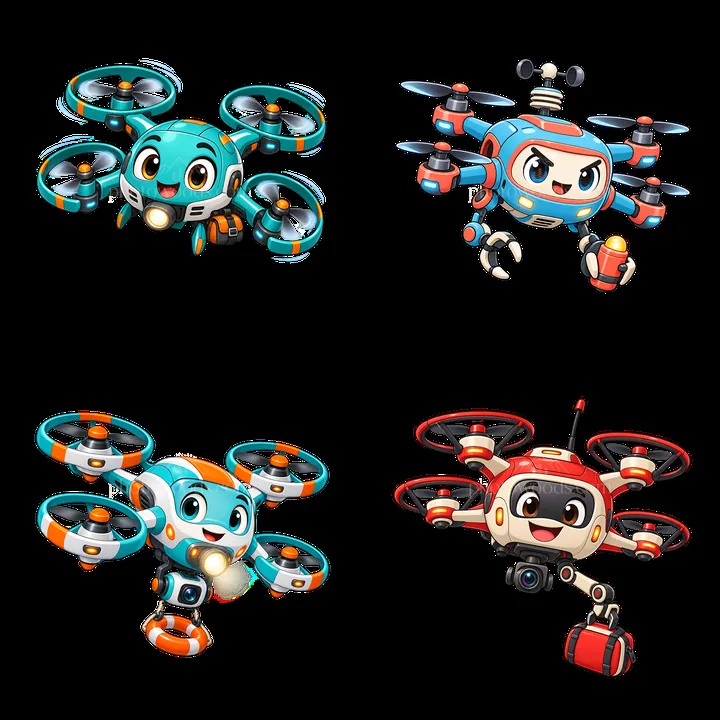 Four colorful cartoon drones with unique designs and features - AI-generated stock image