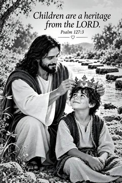 Jesus Christ placing a crown on a child's head by the river - AI-generated stock image