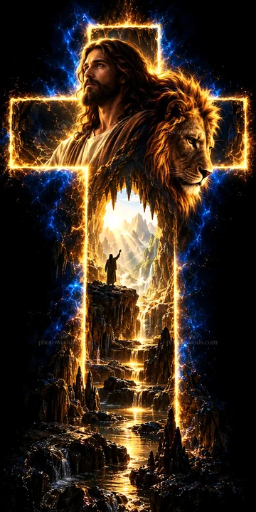 Jesus Christ in a cross with a lion, guiding in a mystical setting - AI-generated stock image