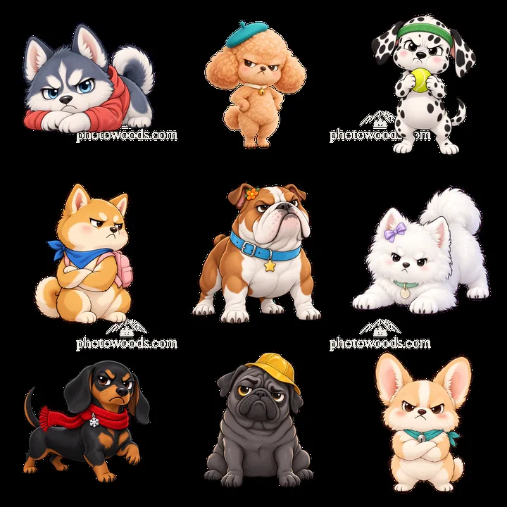 Kawaii grumpy dogs in colorful stickers arranged in a square - AI-generated stock image