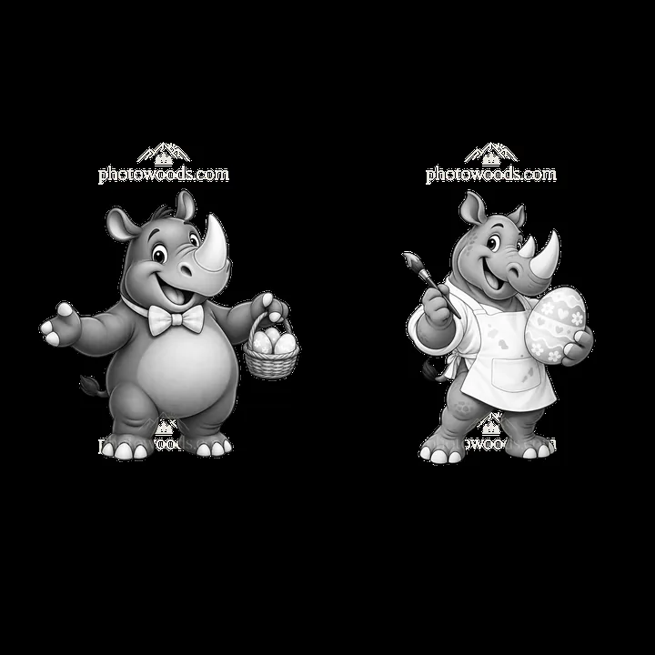 Easter rhinoceros characters carrying eggs and painting Easter egg - AI-generated stock image