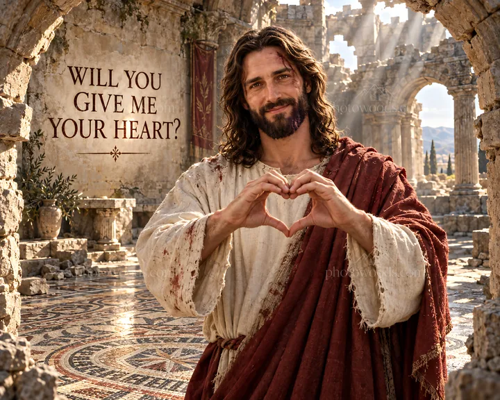 Jesus Christ forming a heart shape with his hands - AI-generated stock image