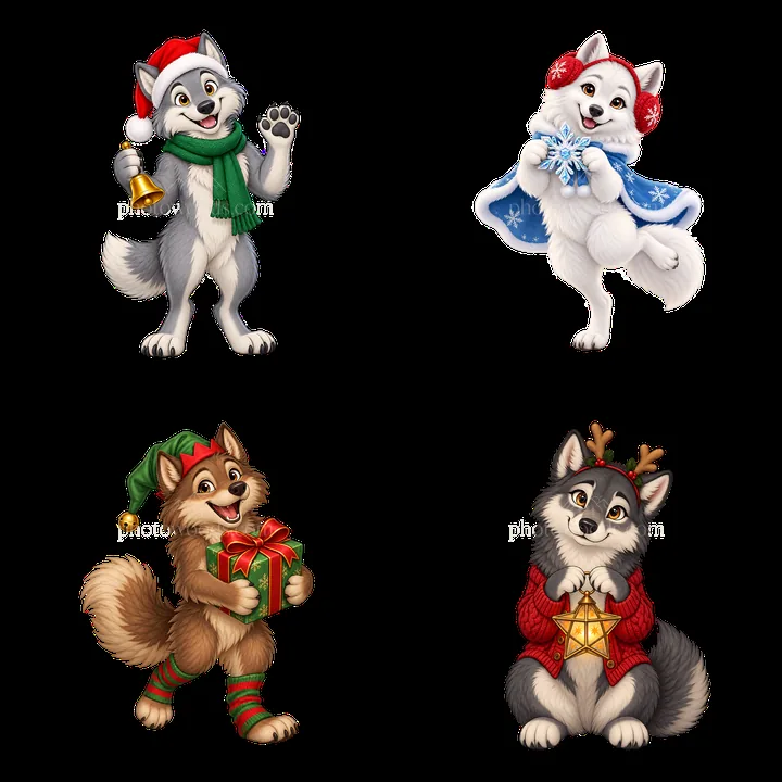 Christmas wolves in festive poses with accessories - AI-generated stock image