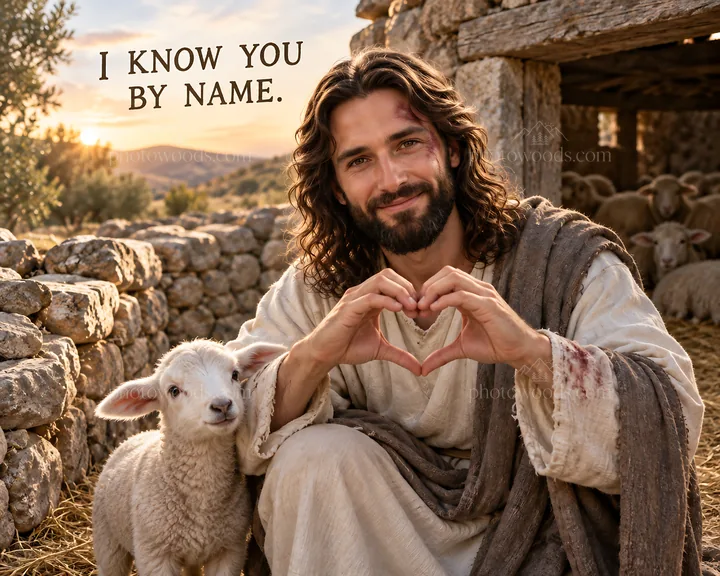 Jesus Christ shows love and compassion for a sheep - AI-generated stock image