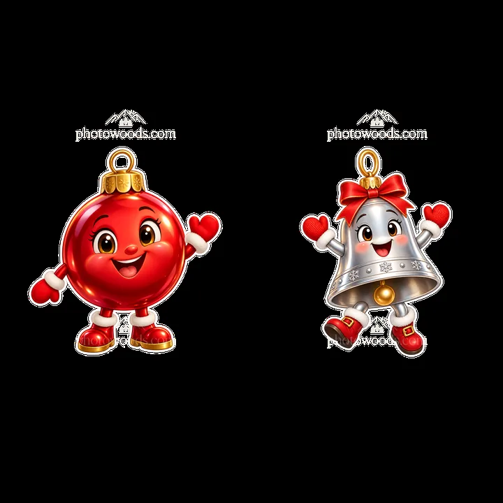 Christmas ornament characters with bell and round ornament - AI-generated stock image