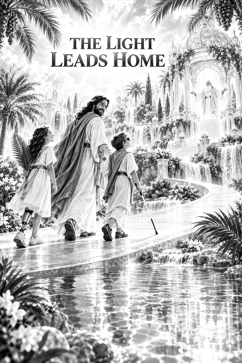 Jesus Christ walking with children in a heavenly landscape - AI-generated stock image