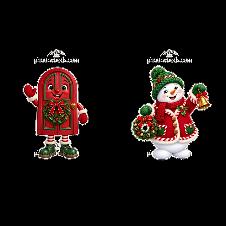 Christmas door character with snowman carrying a bell - AI-generated stock image