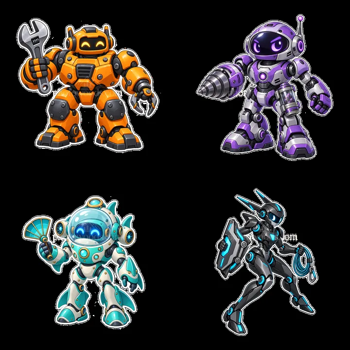 Cartoon mech robots in different colors and poses - AI-generated stock image