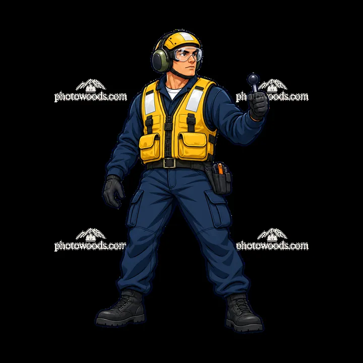 Aircraft carrier deck crew member signaling aircraft - AI-generated stock image