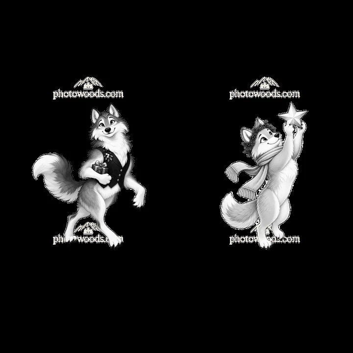 Two cartoon wolves celebrating Christmas with decorations - AI-generated stock image