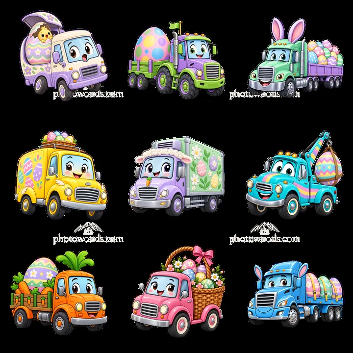 Easter themed cartoon trucks with eggs and festive decorations - AI-generated stock image