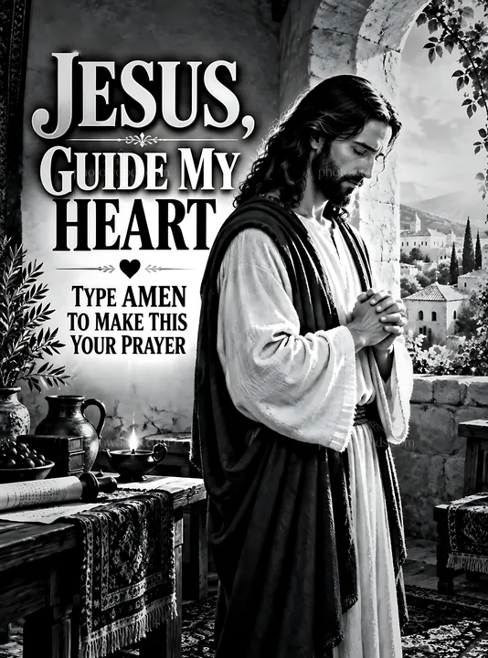 Jesus guides a man in prayer in a quiet room - AI-generated stock image