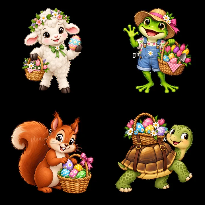 Easter animals with baskets collecting colorful eggs - AI-generated stock image