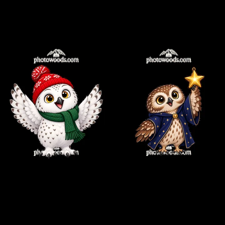 Cute Christmas owls with hats and star for holiday themes - AI-generated stock image