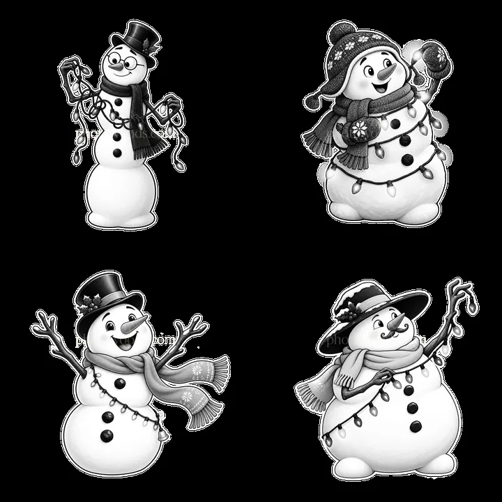 Snowmen with string lights in a 2x2 arrangement - AI-generated stock image