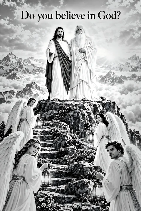 Belief in God reflected in a mountain scene - AI-generated stock image