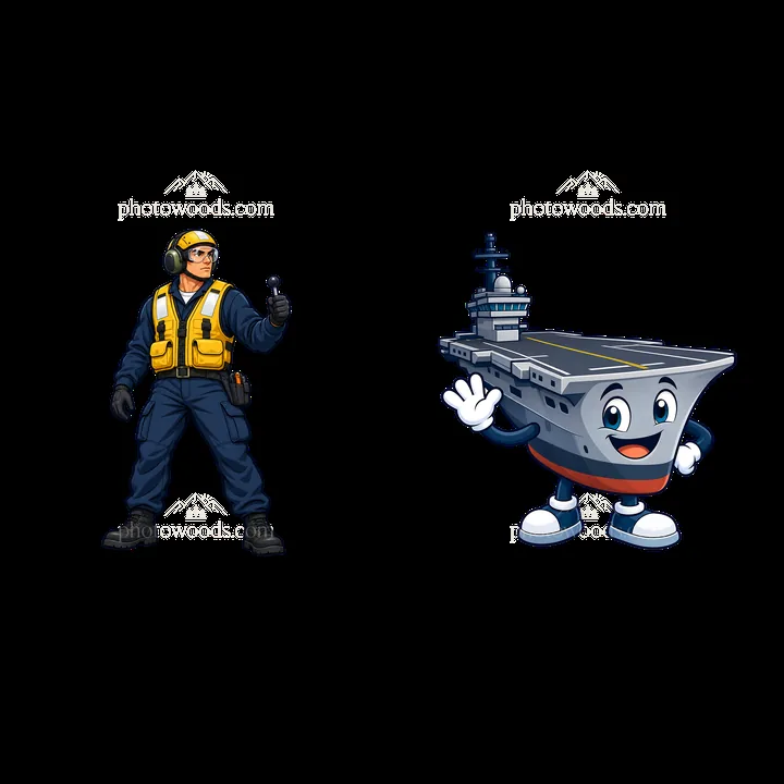 Cartoon aircraft carrier and pilot character sticker illustration - AI-generated stock image