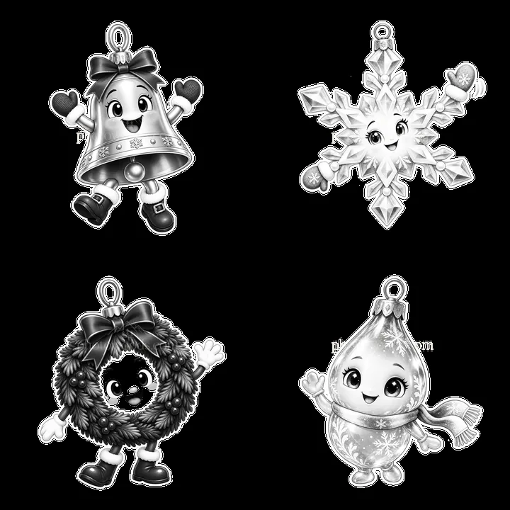 Funny Christmas ornament cartoon characters in black and white - AI-generated stock image