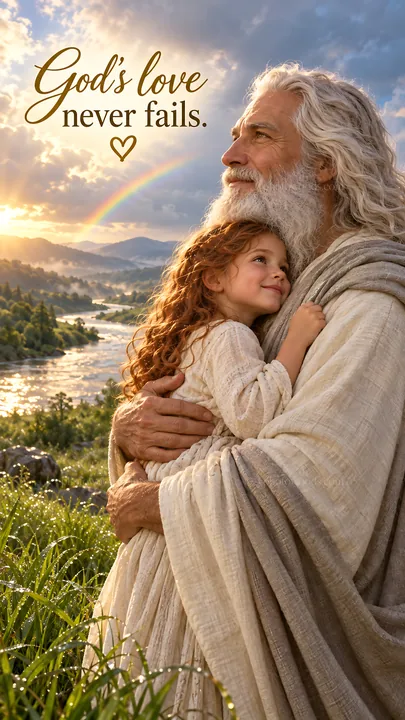 Jesus Christ comforting a child in a landscape setting - AI-generated stock image