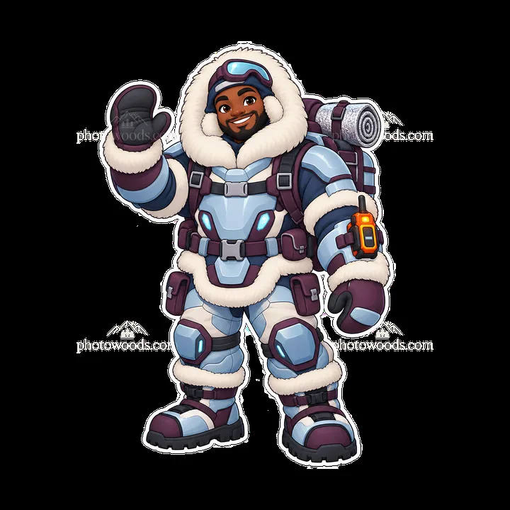 Kawaii futuristic super-soldier with winter gear waving goodbye - AI-generated stock image