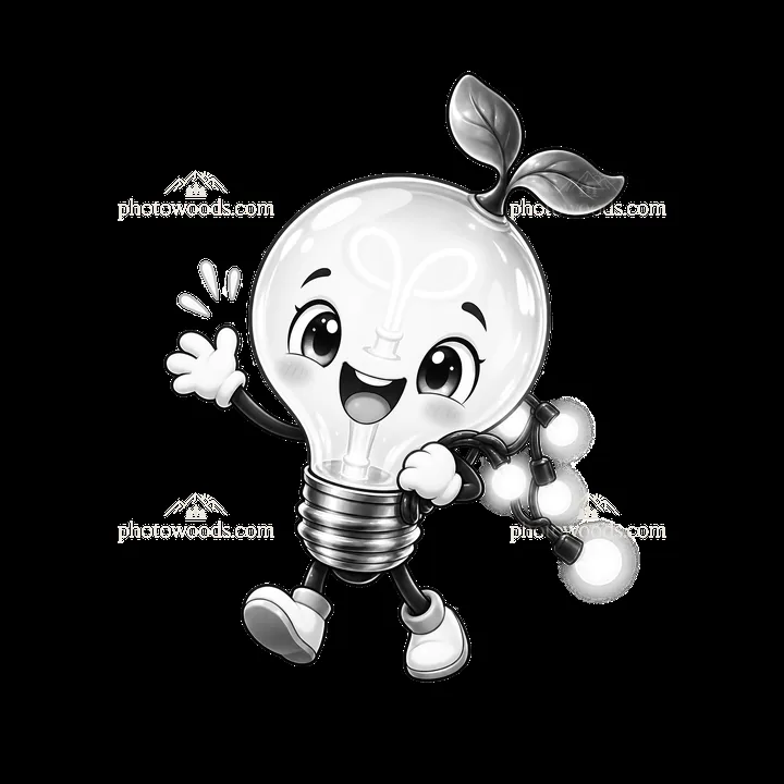Light bulb character with string lights waving happily - AI-generated stock image