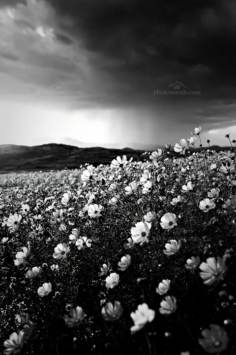 Colorful cosmos meadow with dark clouds in the sky - AI-generated stock image