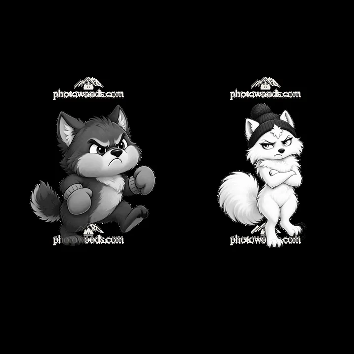 Grumpy wolf characters in a playful fight scene - AI-generated stock image
