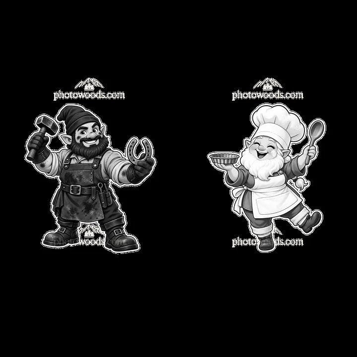 Gnome blacksmith and chef holding tools in a playful pose - AI-generated stock image