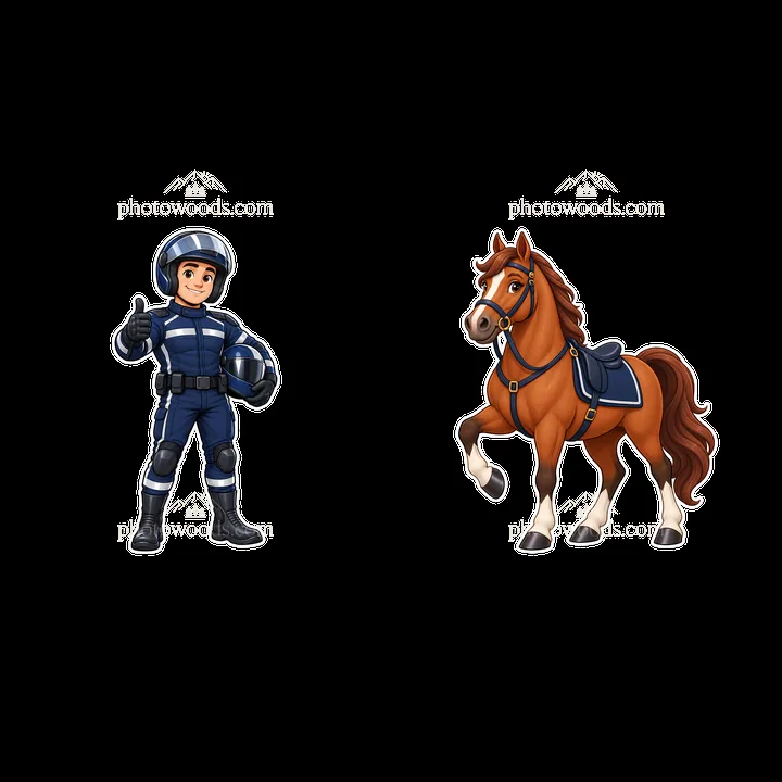 Police officer and horse character stickers in a playful pose - AI-generated stock image