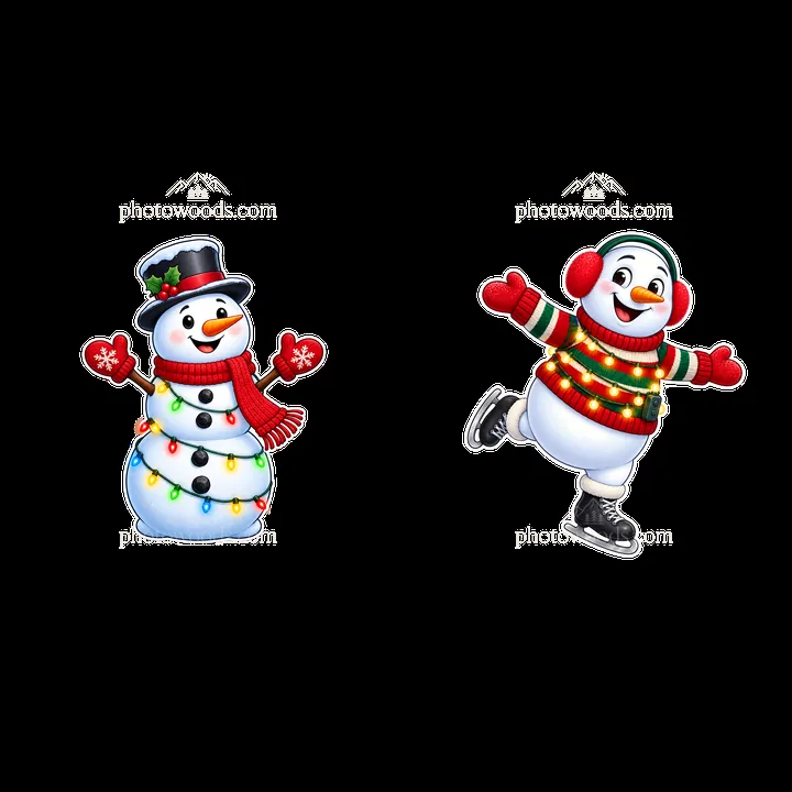 Snowman with string lights and a skating snowman in a pair - AI-generated stock image