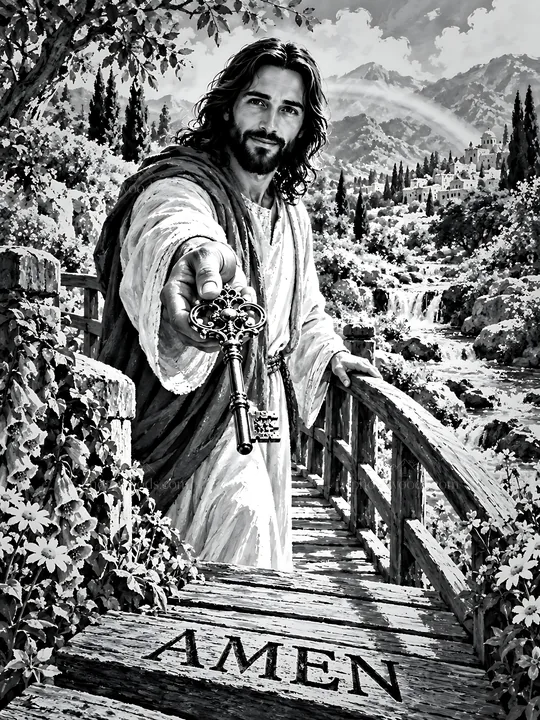 Jesus offering a key while standing on the Rainbow Footbridge - AI-generated stock image