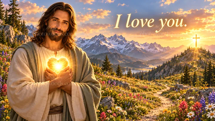 Love in the Alpine Meadow with a heart and a cross - AI-generated stock image