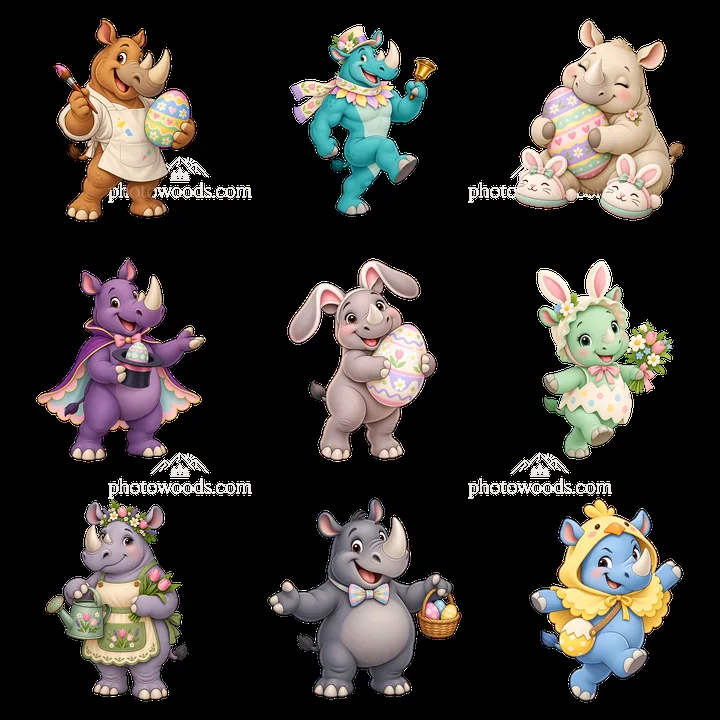 Easter rhinoceros characters with pastel eggs and festive attire - AI-generated stock image