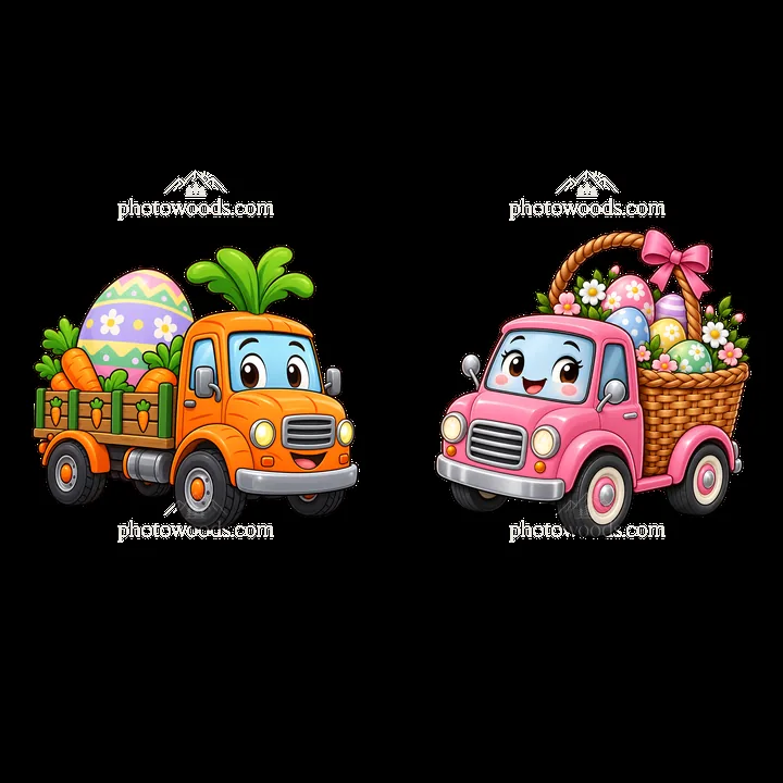 Easter trucks carrying eggs and carrots in colorful baskets - AI-generated stock image