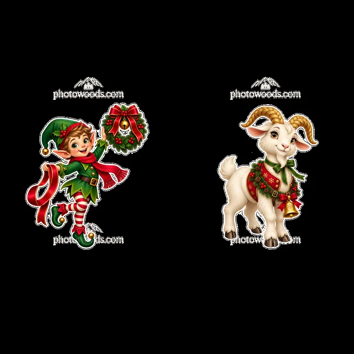 Christmas elf with wreath and goat character with bell - AI-generated stock image
