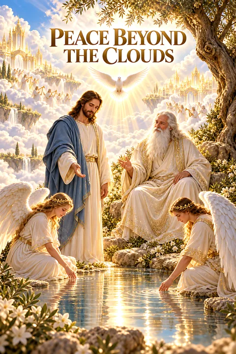 Peace Beyond the Clouds embracing divine figures and angels - AI-generated stock image