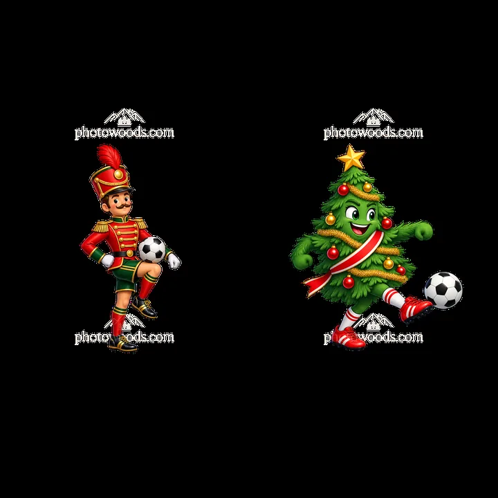 Christmas soldier and soccer tree character playing with a ball - AI-generated stock image