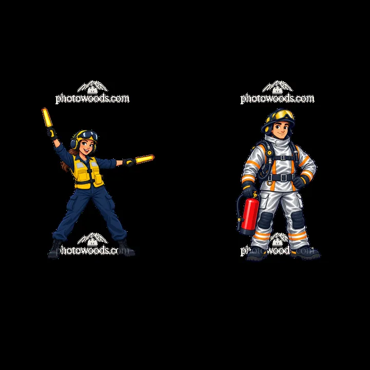Aircraft carrier team members with fire extinguisher and wands - AI-generated stock image