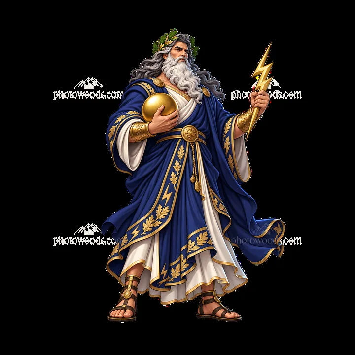 Zeus standing with lightning bolt and globe in detailed robe - AI-generated stock image