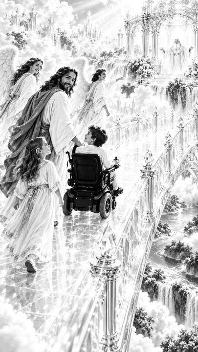 Jesus Christ guiding a child in a wheelchair through heaven - AI-generated stock image