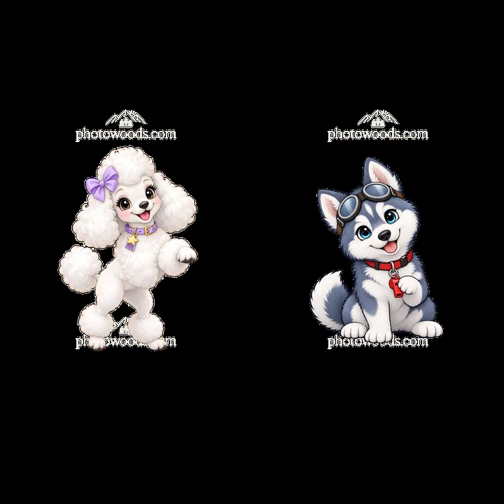 Cute cartoon dogs in playful poses with accessories - AI-generated stock image
