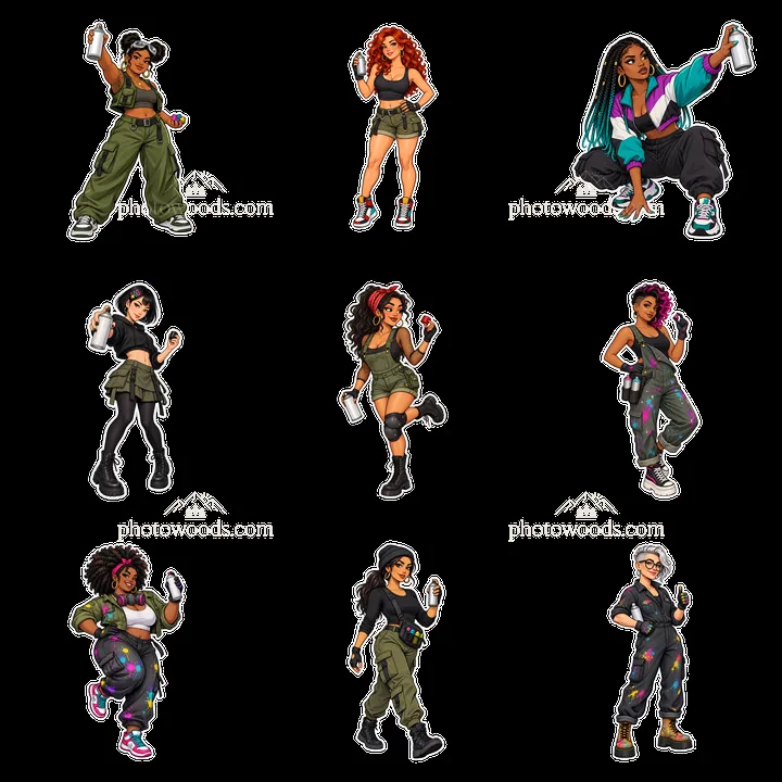 Female graffiti sprayers posing in a 3x3 cartoon character layout - AI-generated stock image