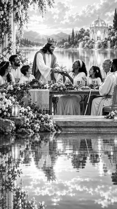 Jesus Christ sharing a meal with his followers - AI-generated stock image