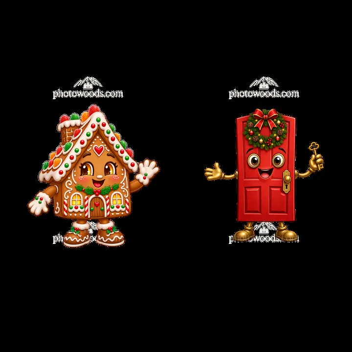 Gingerbread house and festive door cartoon stickers for Christmas - AI-generated stock image