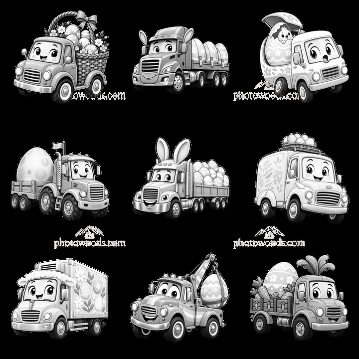 Easter themed trucks transporting eggs and bunnies in black and white - AI-generated stock image