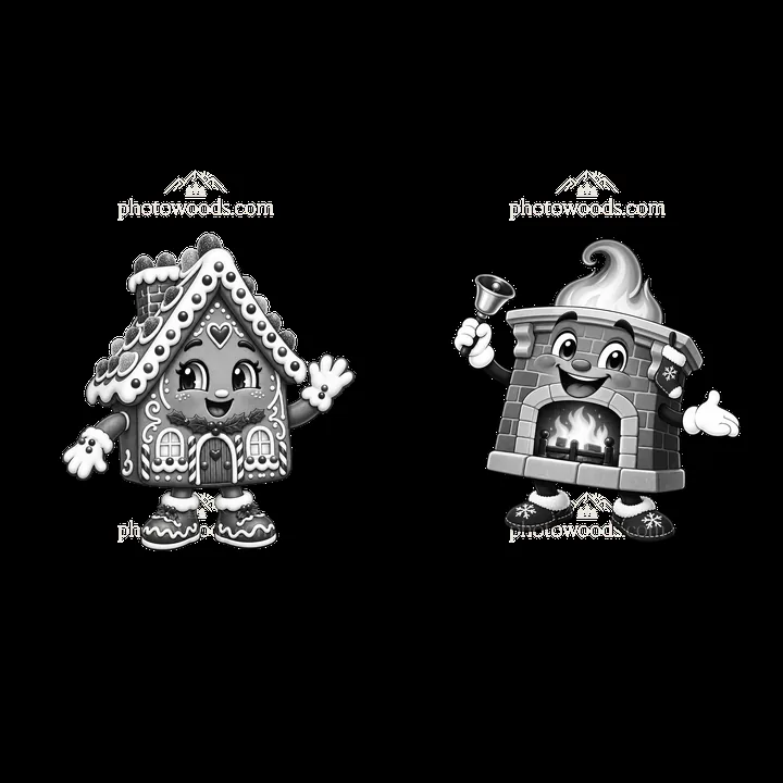 Cheerful cartoon house and fireplace characters for Christmas - AI-generated stock image