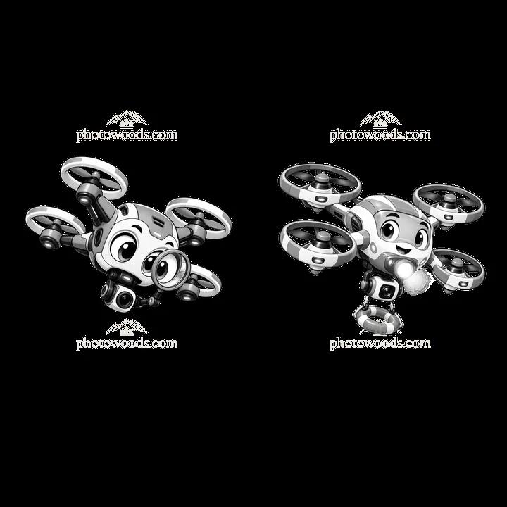 Cartoon drone characters with facial expressions in flight - AI-generated stock image