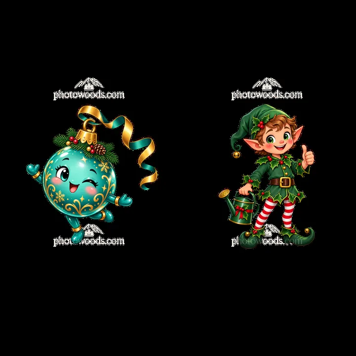 Christmas ornament and cheerful elf with watering can - AI-generated stock image