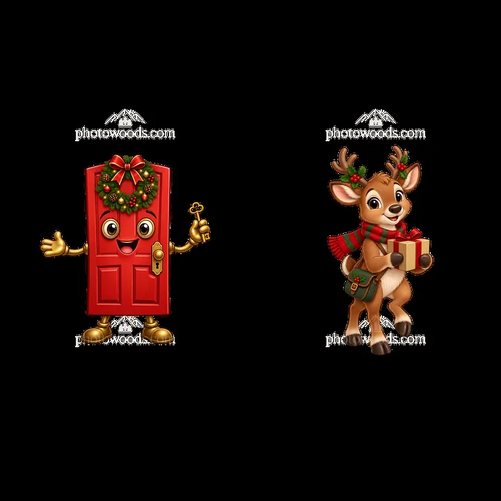 Happy Christmas door with wreath and cheerful reindeer carrying gift - AI-generated stock image